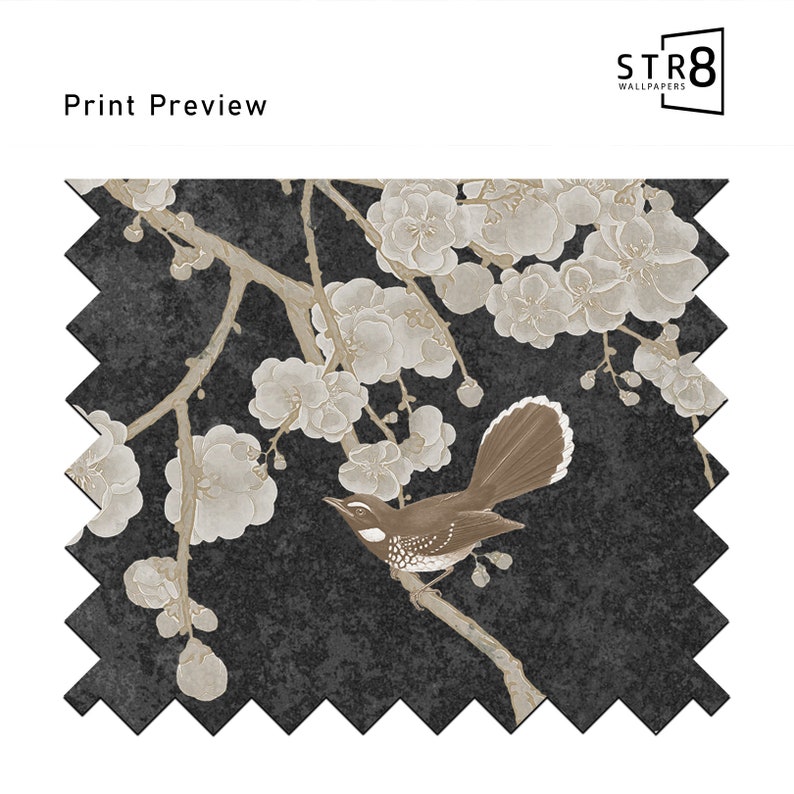 May include: A black and white wallpaper design featuring a stylized bird perched on a branch with delicate white blossoms. The background has a textured, watercolor-like effect.