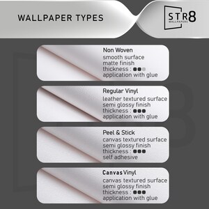 May include: An informational graphic from STR8 Wallpapers detailing wallpaper types. The image lists Non Woven, Regular Vinyl, Peel & Stick, and Canvas Vinyl, with descriptions of surface, finish, thickness, and application method.