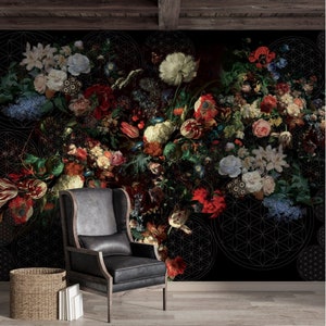 dark flower wallpaper black floral, bathroom, boho retro, painting bathroom Peel and stick wallpaper,