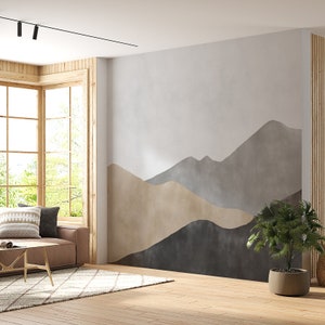 Gray mountains beige dune peel stick wallpaper, abstract boho wall mural Peel and stick wallpaper,