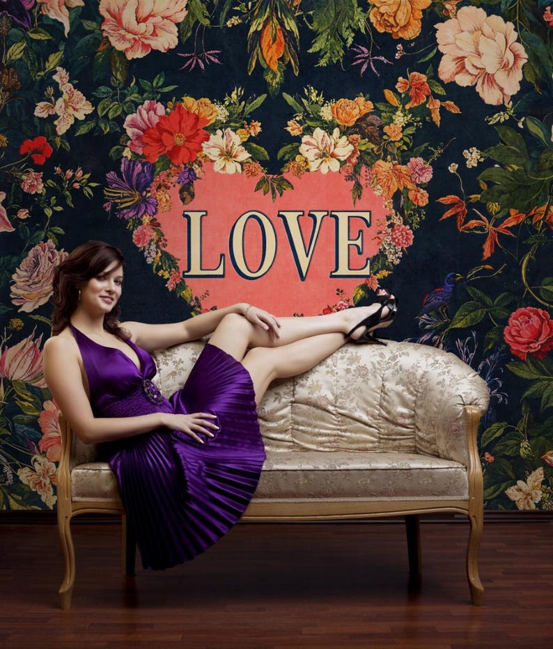 Bedroom Wallpaper Romantic Floral Love Peel Stick Mural Dark Flower Wallpaper, Customizable Wallpaper Text