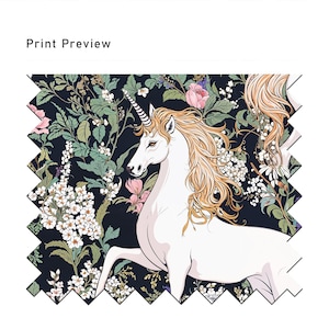 May include: A white unicorn with a gold horn and flowing mane runs through a dark blue background with white, pink, and green floral patterns.