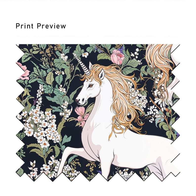 May include: A white unicorn with a gold horn and flowing mane runs through a dark blue background with white, pink, and green floral patterns.