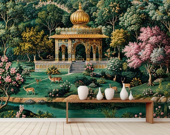 indian Mughal Wallpaper of Tropical Rajasthan on Removable Peel Stick, Traditional Non Woven