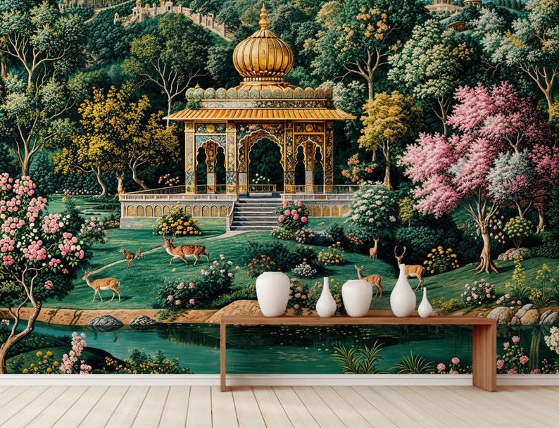 May include: A vibrant mural depicting a lush garden scene with a golden gazebo, deer, and a serene pond. The artwork features a variety of trees, flowers, and a distant hillside, creating a tranquil and picturesque landscape. White vases sit on a wooden table.
