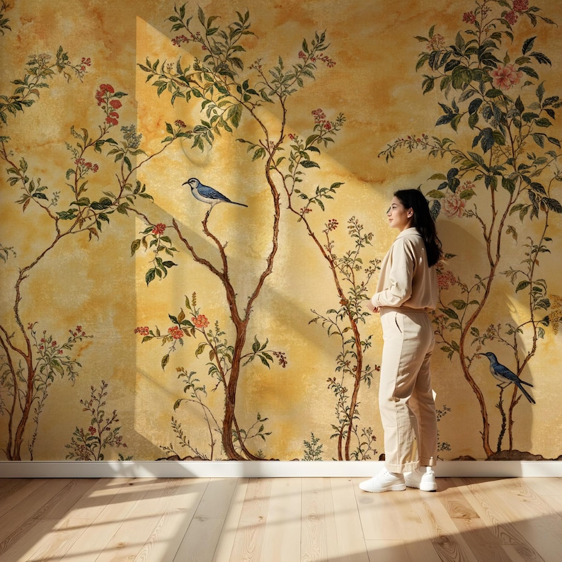 May include: A woman stands in front of a wall with a floral wallpaper featuring birds and branches. The wallpaper is a light yellow colour with a vintage aesthetic.