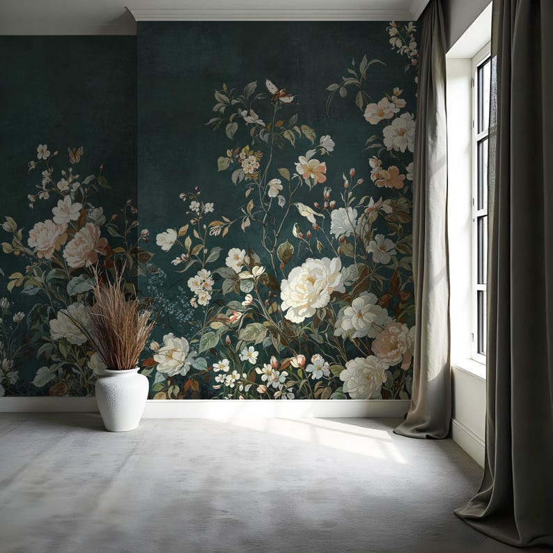 Vintage Dark Green Chinoiserie Flower Wallpaper, Botanic Mural, Removable Peel and Stick Wall Mural
