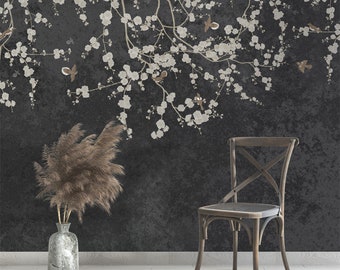 dark chinoiserie mural blossom wallpaper branches asian peel stick Removable traditional vinyl