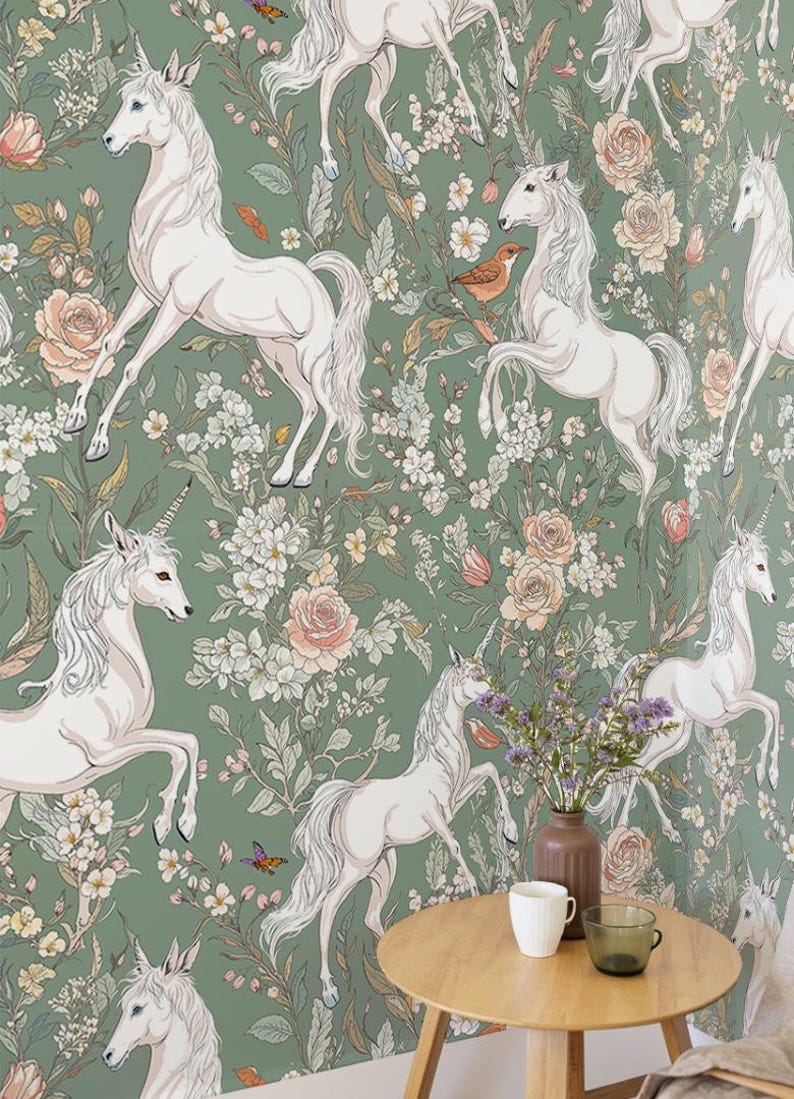 May include: A wallpaper design featuring white unicorns in various poses, set against a green backdrop with floral and botanical elements. The design includes roses, butterflies, and birds, creating a whimsical and enchanting aesthetic.