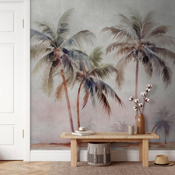 Tropical Palm Tree Wallpaper, Hand Painted and Digitally Printed, Traditional, Rmovable Peel Stick, Mural
