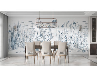 Underwater Coral Wallpaper with Fishes in Blue White Color, Peel Stick Wall Mural