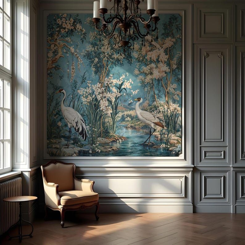 Op de afbeelding: Een vintage-stijl behangmuurschildering met een blauw en groen landschap met witte kranen en bloeiende bloemen. De muurschildering wordt weergegeven in een kamer met een kroonluchter en een stoel.