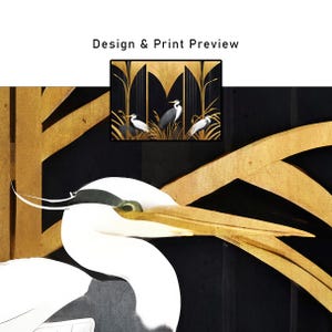 May include: An artistic design with a black background and gold accents. The image features a close-up of a white bird with a long beak, and a smaller framed image with birds in a natural setting. The text "Design & Print Preview" is at the top.