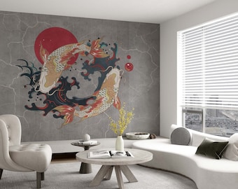 Koi Fish Wallpaper: Ying Yang, Cracked Concrete, Peel & Stick