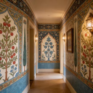 May include: An interior hallway with ornate wall decorations. The walls feature painted trees with red fruit, blue flowers, and intricate floral patterns. Decorative lamps and a framed picture are also visible.