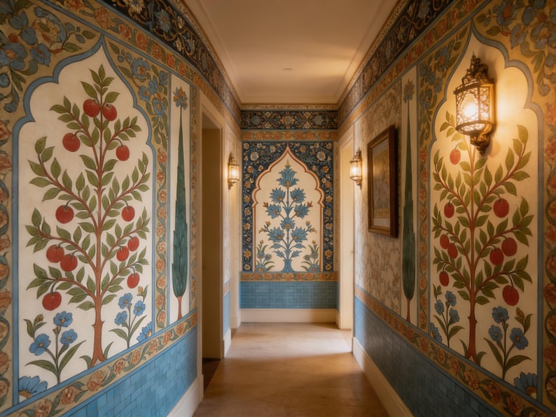 May include: An interior hallway with ornate wall decorations. The walls feature painted trees with red fruit, blue flowers, and intricate floral patterns. Decorative lamps and a framed picture are also visible.