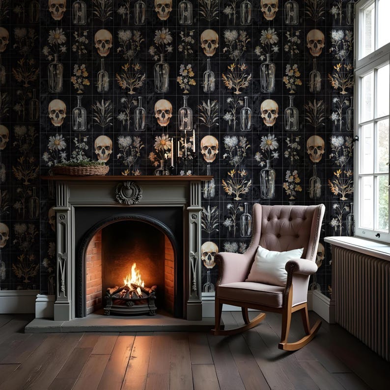 May include: A black and white wallpaper with a repeating pattern of skulls and floral designs. A fireplace with a lit fire is in the foreground, and a rocking chair is in the corner of the room.