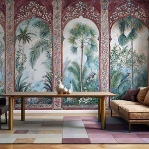 indian Jaipur Mughal Wallpaper of Tropical Rajasthan on Removable Peel Stick, Traditional Non Woven