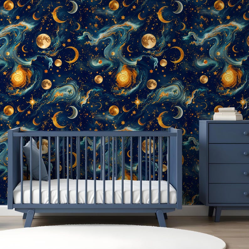 Celestial Moon Stars Wallpaper Mural Navy Blue Gold Night Sky Peel and ...