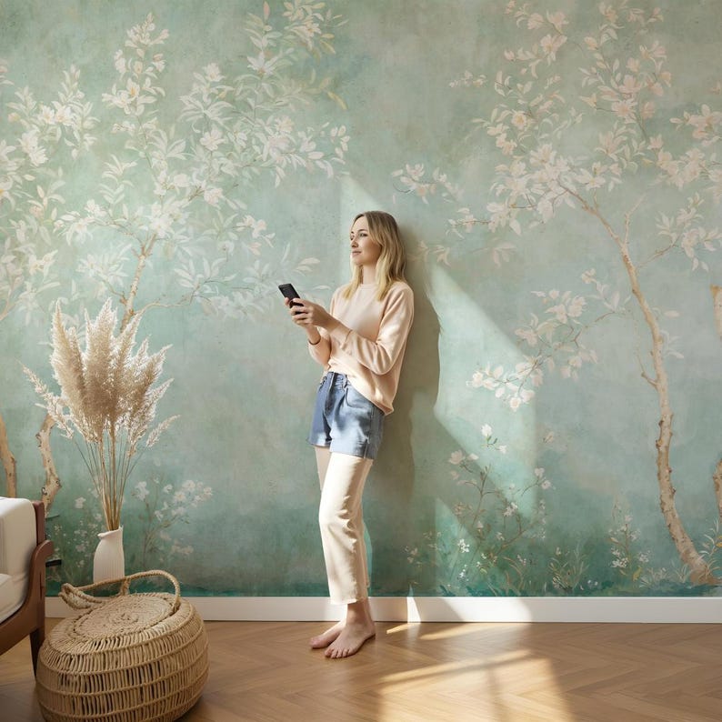 Puede incluir: Una mujer con un su&eacute;ter rosa y pantalones cortos de mezclilla azul se para frente a una pared con un dise&ntilde;o de papel tapiz floral. Ella sostiene un tel&eacute;fono inteligente en su mano y mira hacia un lado.