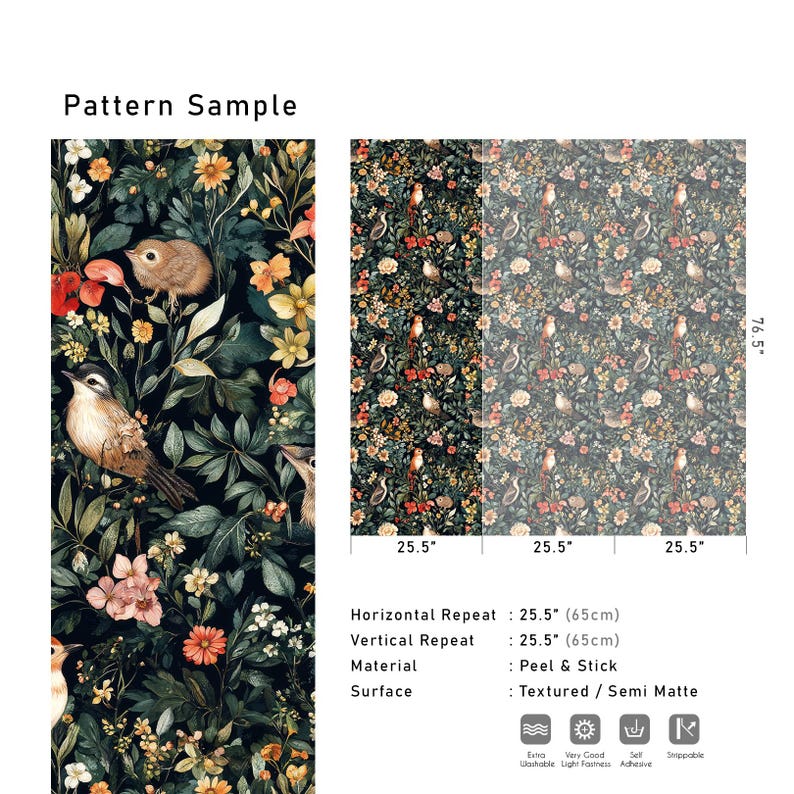 K&ouml;nnte beinhalten: Ein sich wiederholendes Muster aus V&ouml;geln und Blumen auf dunklem Hintergrund. Das Muster ist 65 cm breit und 194 cm hoch. Das Material ist abziehbar und die Oberfl&auml;che ist strukturiert und semi-matt.