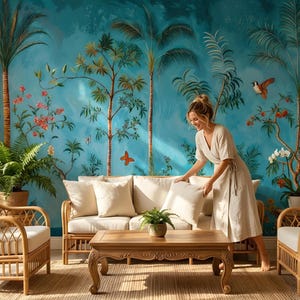 May include: A living room scene with a teal mural featuring palm trees, flowers, and birds. Rattan furniture includes a sofa, two armchairs, and a coffee table. A person in a beige dress is arranging pillows on the sofa. The room has a tropical theme.