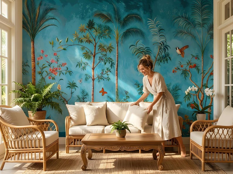 May include: A living room scene with a teal mural featuring palm trees, flowers, and birds. Rattan furniture includes a sofa, two armchairs, and a coffee table. A person in a beige dress is arranging pillows on the sofa. The room has a tropical theme.