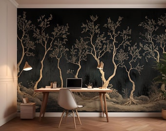 Black and Gold Chinoiserie Wallpaper, Forest Mural, Hand painting, Removable Peel Stick and Traditional