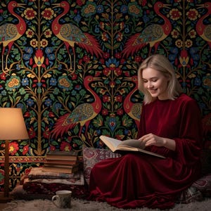 May include: A woman in a red dress reads a book in front of a colorful floral and bird patterned wallpaper. A lamp with a beige shade and a stack of books are visible. The scene is set on a rug with pillows.