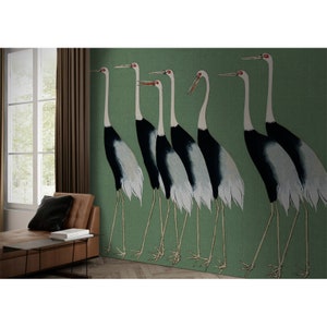 Cranes peel stick wallpaper, green heron wall mural, chinese bird, abstract boho wall mural Peel and stick wallpaper,