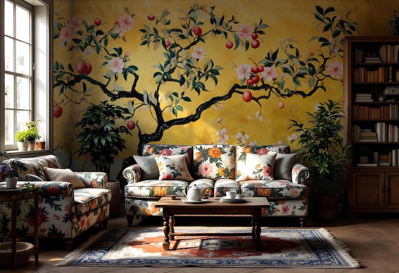 May include: A living room with a floral patterned couch, two armchairs, a coffee table, and a bookcase. The wall behind the couch is painted with a mural of a yellow tree with pink flowers and red apples.
