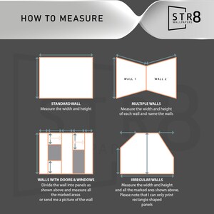 May include: Diagram illustrating how to measure walls for wallpaper. The image shows examples for standard, multiple, and irregular walls, as well as walls with doors and windows. Text includes "How to Measure" and "STR8 WALLPAPERS".
