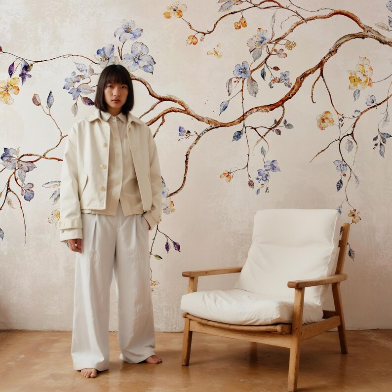 Chinoiserie blommig tapet: Vintage beige gren, självhäftande väggmålning bild 4
