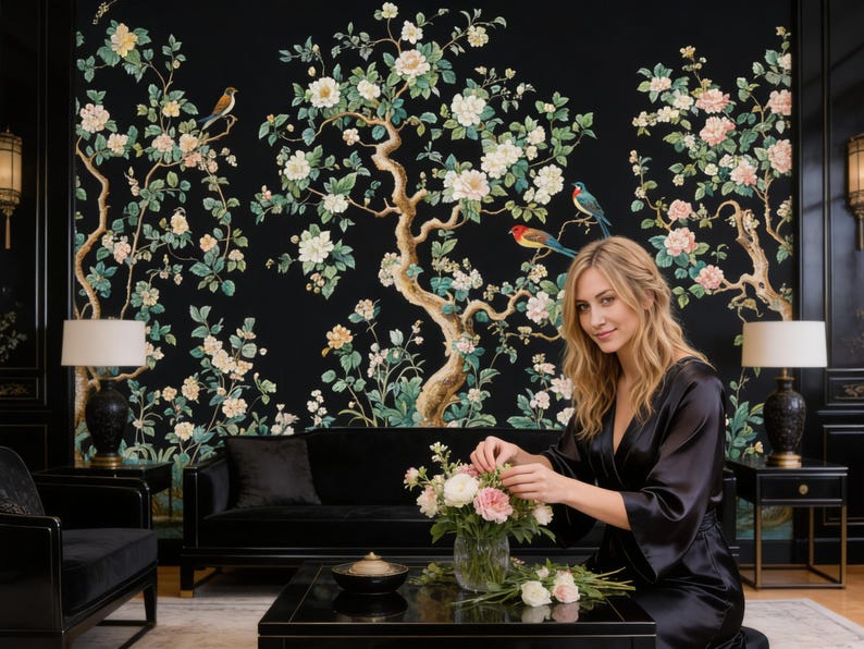 May include: A woman in a black robe arranging flowers in a vase on a black coffee table. The background features a black wall with a floral mural of trees, birds, and flowers in shades of white, pink, and green. A black sofa and chair are also visible.