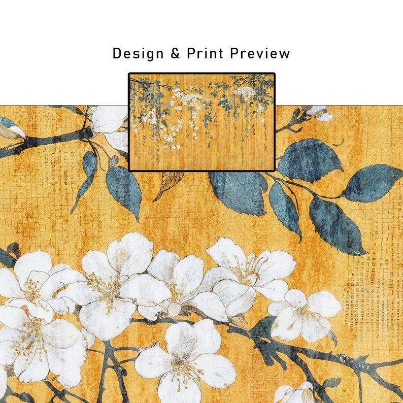 Może przedstawiać: Zbliżenie na kwiatowy wz&oacute;r z białymi kwiatami i niebiesko-zielonymi liśćmi na ż&oacute;łtym tle. Obraz zawiera tekst "Design & Print Preview" u g&oacute;ry. Projekt ma estetykę vintage.