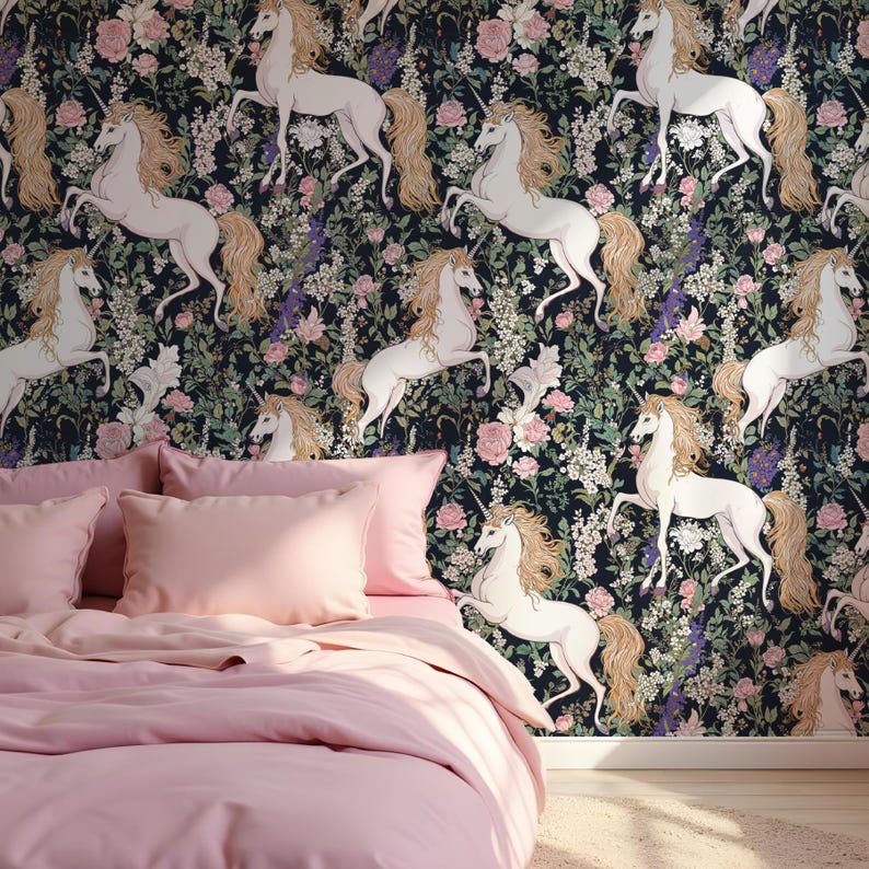 May include: A pink bed with white pillows in front of a black and white wallpaper featuring a repeating pattern of white unicorns and pink flowers.