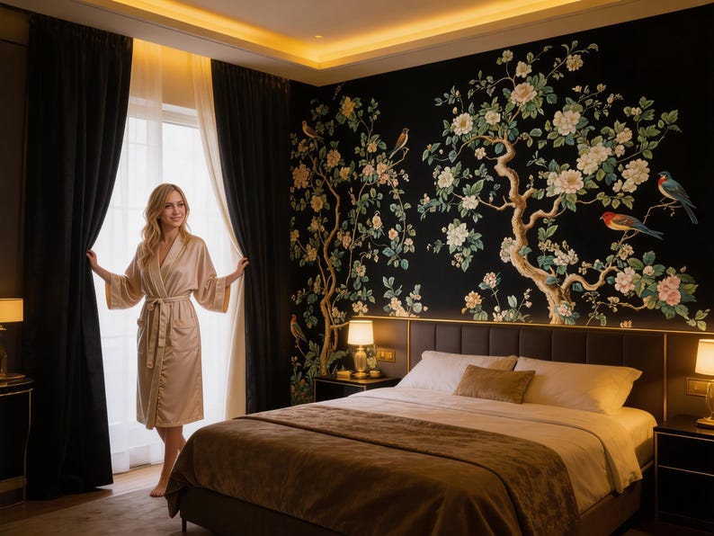 May include: A bedroom with a black accent wall featuring a floral and bird mural. A bed with a brown comforter and white pillows is in the foreground. A woman in a beige robe stands near the window, holding back the black curtains.