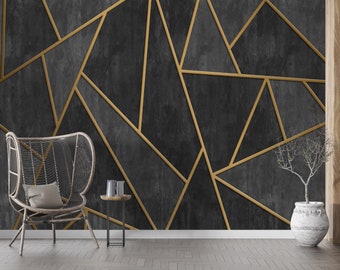 Geometric Lines, dark Concrete Wallpaper Mural on Removable Peel Stick, Traditional Non Woven