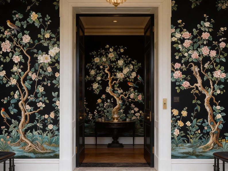 May include: A doorway framed by black wallpaper featuring a floral and bird design. The wallpaper showcases flowering trees with pink, yellow, and white blossoms, and colorful birds. The doorway leads to a room with similar wallpaper and a round table.