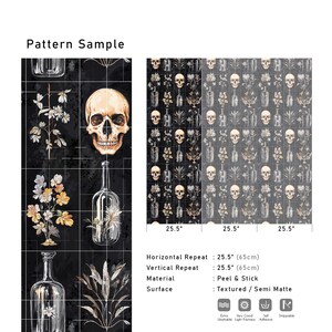 May include: A black and white repeat pattern featuring a skull, flowers, and bottles. The pattern is 25.5 inches wide and 25.5 inches tall. The pattern is peel and stick and has a textured, semi-matte finish.