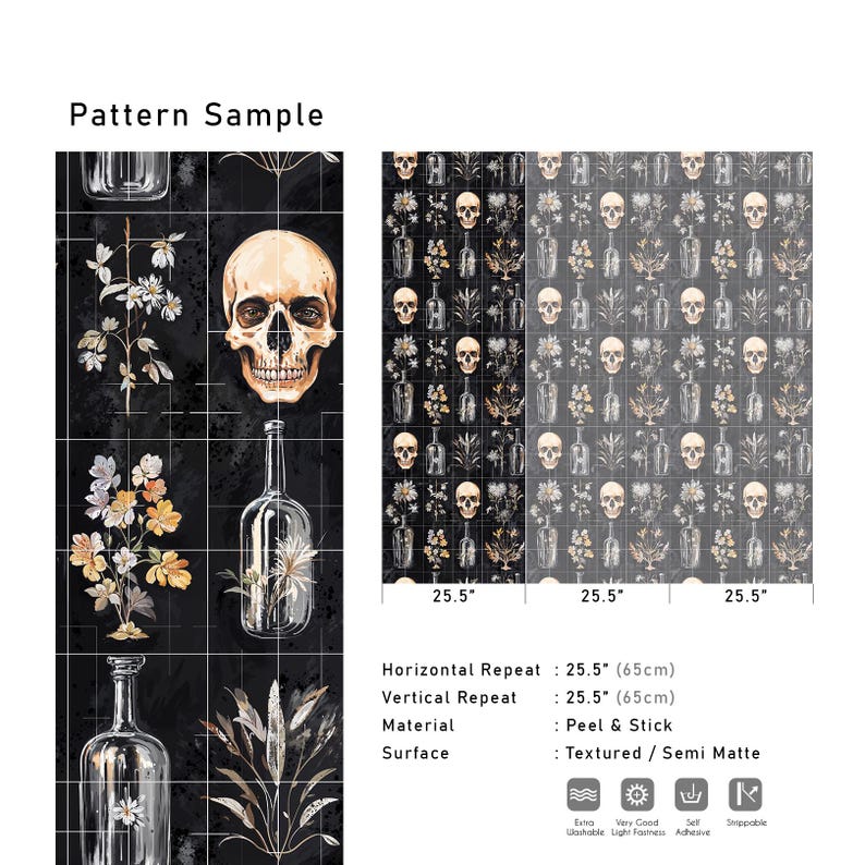 May include: A black and white repeat pattern featuring a skull, flowers, and bottles. The pattern is 25.5 inches wide and 25.5 inches tall. The pattern is peel and stick and has a textured, semi-matte finish.