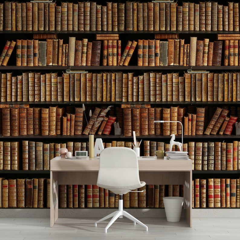 Realistic Library Books on Bookshelf Wallpaper on Removable Peel Stick, Traditional Non Woven image 1