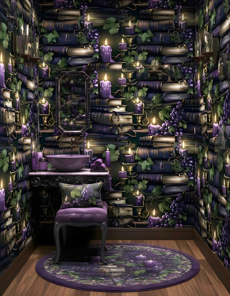 May include: A bathroom with a dark, gothic theme. The walls are covered in a wallpaper of stacked books, with candles and grape vines. A purple sink, chair, and rug complete the scene.