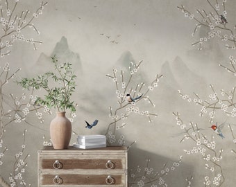 Beige Chinoiserie Peel and Stick Wallpaper: Blossom Bird Scenic
