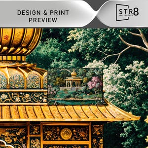 May include: A detailed image showcasing a design preview for wallpaper. The design features a golden-roofed structure with intricate carvings, set against a backdrop of lush greenery and a smaller framed image of a garden scene. The text "DESIGN & PRINT PREVIEW" is visible.