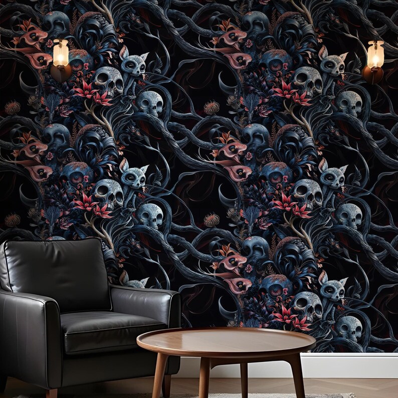 May include: A dark blue and black wallpaper with a repeating pattern of skulls, flowers, and small animal figures. The wallpaper has a gothic and whimsical feel.