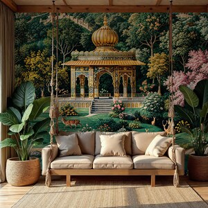 May include: A beige sofa with three cushions and a wooden frame sits in front of a detailed mural depicting a golden-domed structure in a lush garden. Two large potted plants flank the sofa, and a swing hangs from the ceiling.