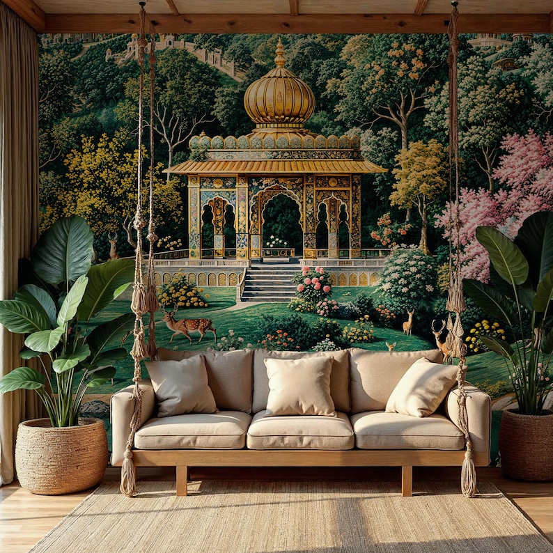 May include: A beige sofa with three cushions and a wooden frame sits in front of a detailed mural depicting a golden-domed structure in a lush garden. Two large potted plants flank the sofa, and a swing hangs from the ceiling.