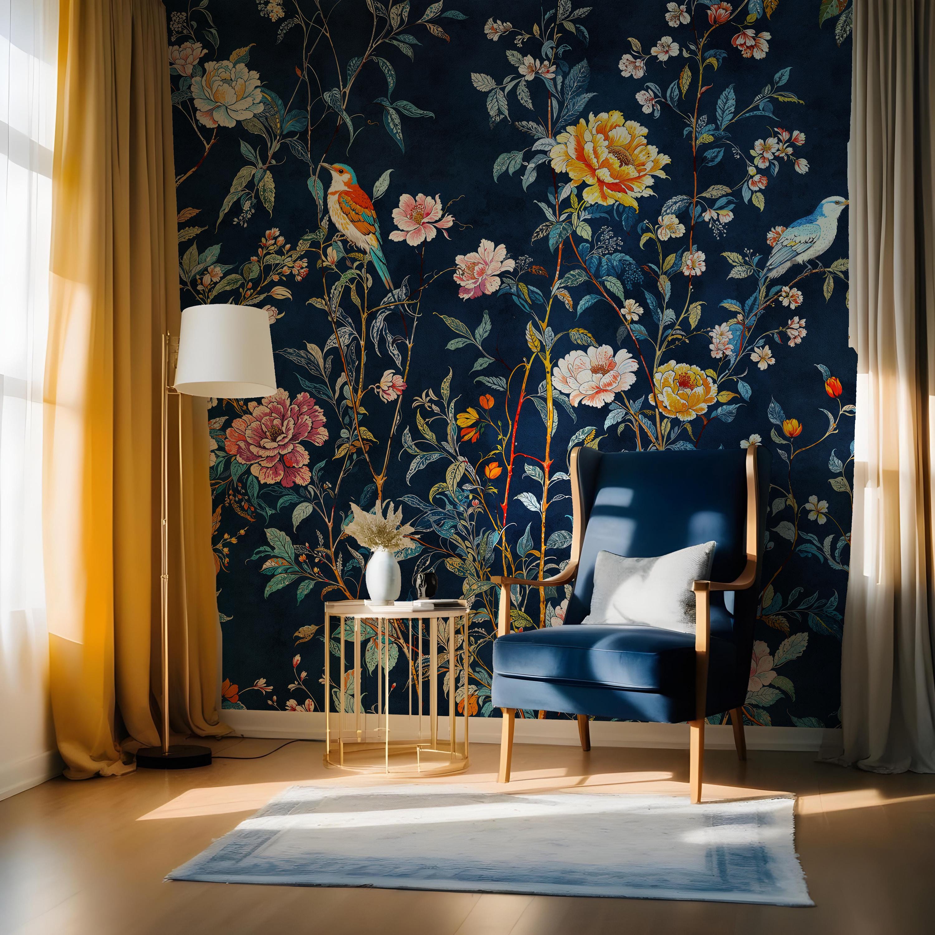 Dark Chinoiserie Mural Wallpaper, Navy Blue Botanical Peel Stick ...