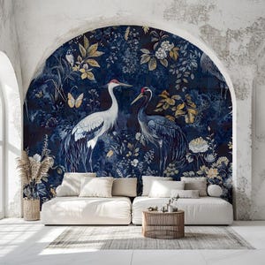 Marinblå tapet Heron Mural Chinoiserie Crane Peel Stick Avtagbar Vinyl Vanlig Tapetdekor bild 4